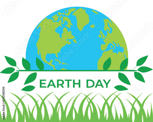 Celebrate Earth Day with this vibrant illustration featuring a partial view of the Earth above stylized grass and small green plant shoots.
