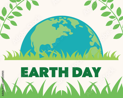 Celebrate Earth Day with this vibrant illustration featuring a partial view of the Earth above stylized grass and small green plant shoots.