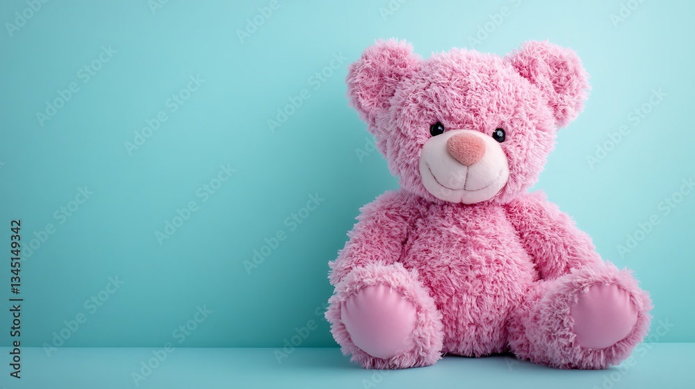 Toy background pink teddy bear sitting on light blue background front view Toy background pink teddy bear sitting on light blue background front view
