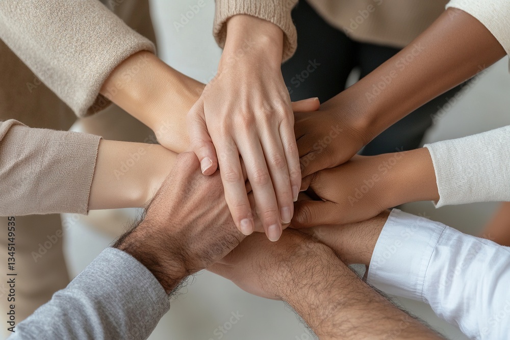 Hands joining together in unity during a team-building activity in a collaborative workspace Hands joining together in unity during a team-building activity in a collaborative workspace
