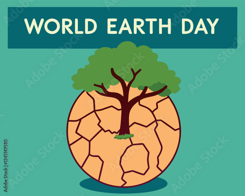This powerful World Earth Day illustration depicts a dry, cracked planet with a resilient green sprout growing into a tree, symbolizing hope and environmental recovery.