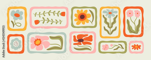 Colorful floral frame illustration set. Vintage style flower design collection. Geometric natural bouquet decoration, spring season nature flowers.