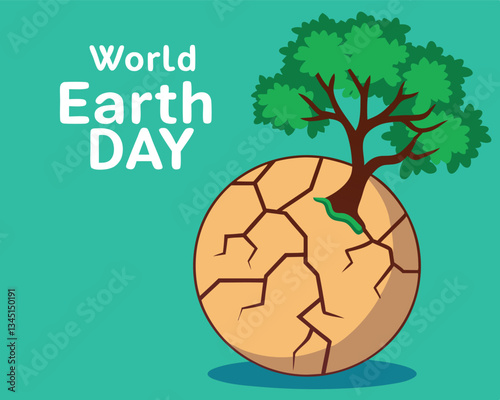 This powerful World Earth Day illustration depicts a dry, cracked planet with a resilient green sprout growing into a tree, symbolizing hope and environmental recovery.