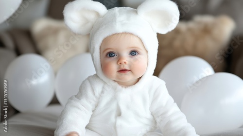 Adorable baby in a fluffy white costume, surrounded by white balloons