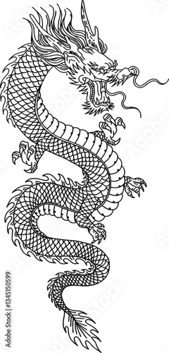 Oriental dragon vector illustration for tattoo. Editable vector of Japanese, Chinese and Asian dragon. Dragon decal