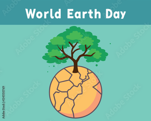 This powerful World Earth Day illustration depicts a dry, cracked planet with a resilient green sprout growing into a tree, symbolizing hope and environmental recovery.