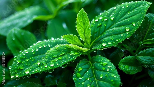 Vibrant green leaf glimmering with dewdrops