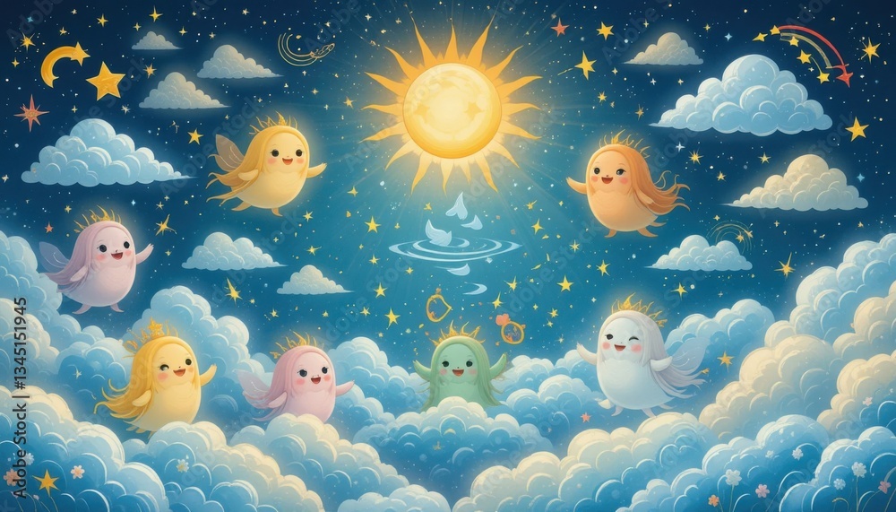 Celestial Beings Nursery Art Enchanting Sun, Clouds, and Stars Illustration Celestial Beings Nursery Art Enchanting Sun, Clouds, and Stars Illustration
