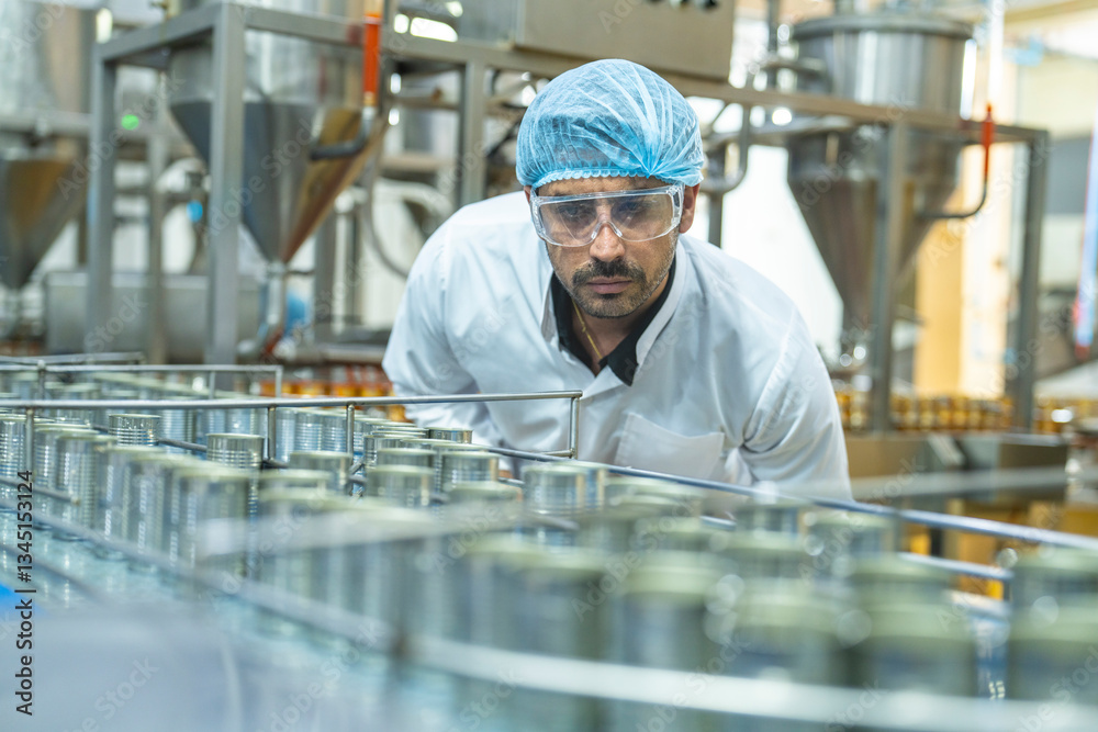 Industrial worker monitoring cans on a conveyor belt, emphasizing focus, productivity, and adherence to safety and quality control standards in a professional factory setting. Industrial worker monitoring cans on a conveyor belt, emphasizing focus, productivity, and adherence to safety and quality control standards in a professional factory setting.