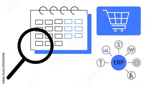 Magnifying glass over calendar, ERP system with icons for finance, tasks, analytics, and shopping cart. Ideal for business planning, workflow, data management, resource allocation e-commerce task