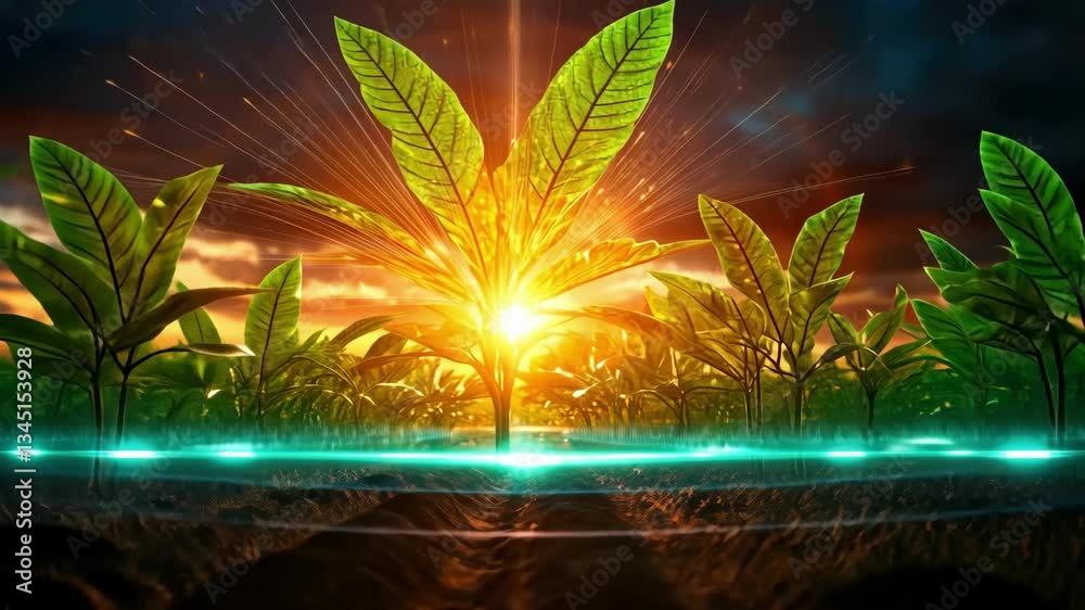 Sunlit sapling growth illuminated by golden sunset in futuristic farm
