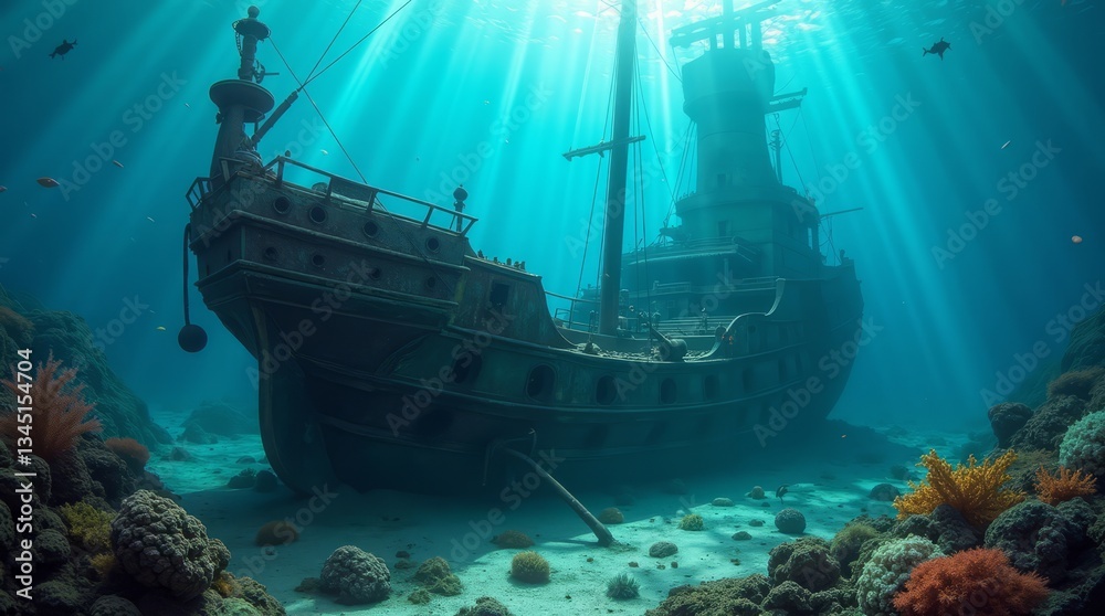 Photographically-realistic image of an underwater world surrounding a centuries-old sunken ship, captured with professional lighting and composition Photographically-realistic image of an underwater world surrounding a centuries-old sunken ship, captured with professional lighting and composition