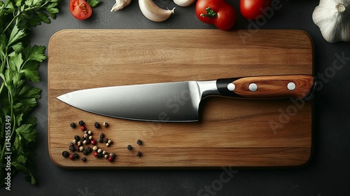 Chef's knife on wooden cutting board with fresh vegetables and peppercorns.
