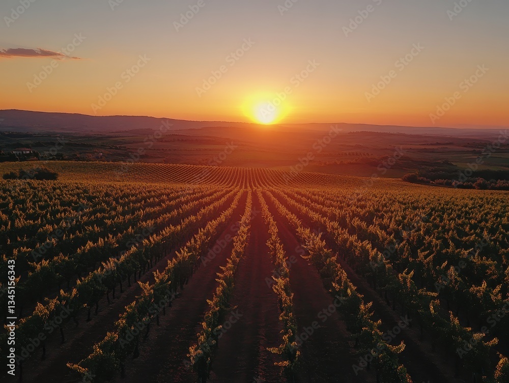 Obraz premium Serene Sunset Over Endless Vineyard Rows in Scenic Countryside Landscape Captured in Warm Golden Hues Under a Clear Sky at Dusk