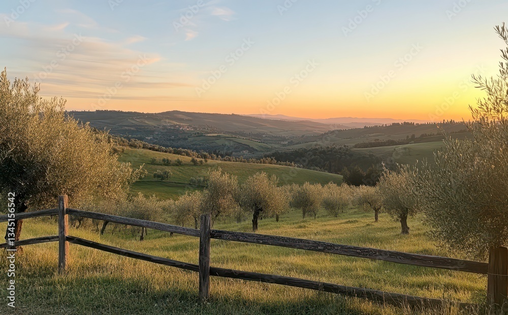 Serene Sunset Over Olive Grove in Rolling Hills Capturing the Beauty of Nature in a Tranquil Landscape Scene in Tuscany, Italy Serene Sunset Over Olive Grove in Rolling Hills Capturing the Beauty of Nature in a Tranquil Landscape Scene in Tuscany, Italy
