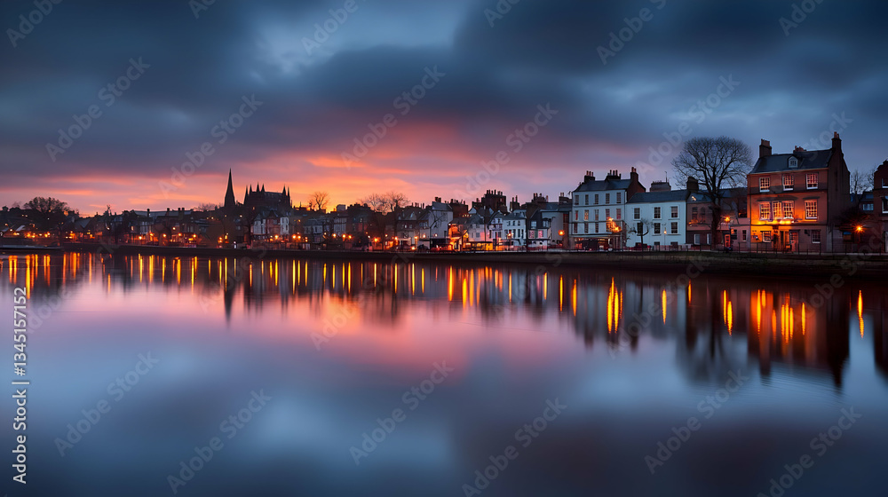Fototapeta premium Evening Cityscape Reflecting City Lights On Calm Water Surface Under Orange And Blue Sky With Buildings And Trees