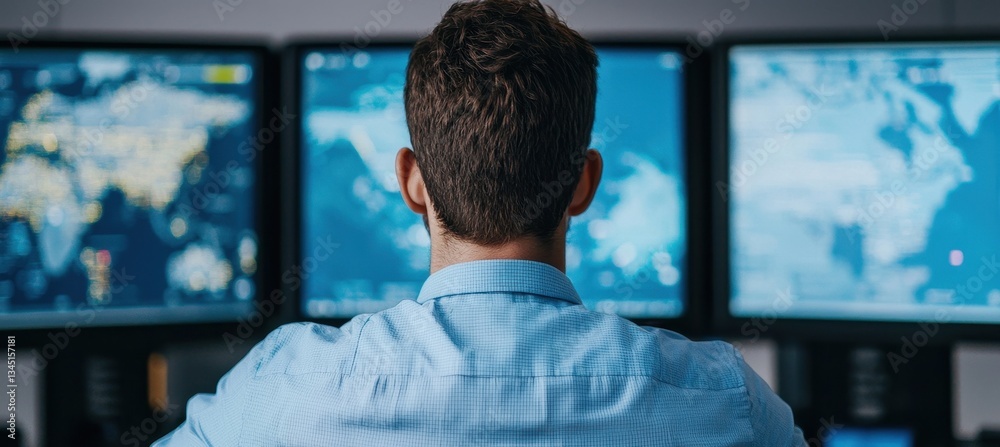 A person analyzes data on multiple screens, showcasing a modern workspace focused on technology and information processing. A person analyzes data on multiple screens, showcasing a modern workspace focused on technology and information processing.