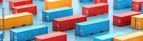 A colorful assortment of miniature shipping containers arranged on a surface, showcasing various sizes and shapes in a playful pattern.