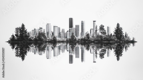 Cityscape reflection in a calm body of water
