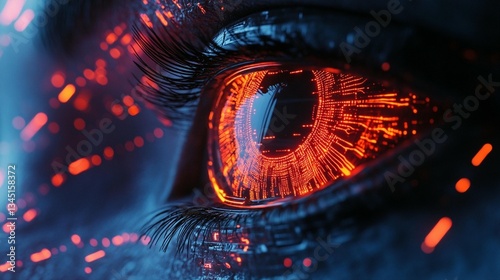 Close-up of a futuristic eye with glowing circuitry.
