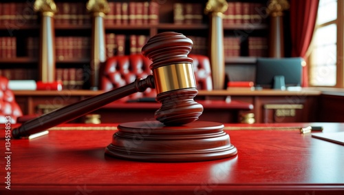Wooden gavel on polished desk symbolizing justice