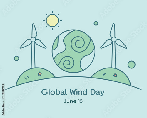 Global Wind Day Illustration: Stylized Earth with Wind Swirls, Turbines, Sun, and Clouds for Renewable Energy on June 15th