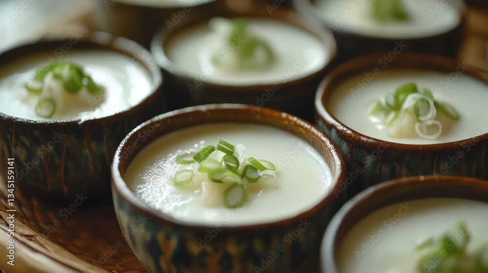 A Thai coconut milk dessert (kanom krok) served in small round ceramic bowls, delicately garnished with spring onions A Thai coconut milk dessert (kanom krok) served in small round ceramic bowls, delicately garnished with spring onions