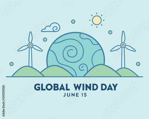 Global Wind Day Illustration: Stylized Earth with Wind Swirls, Turbines, Sun, and Clouds for Renewable Energy on June 15th