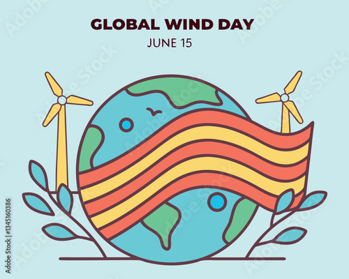 Global Wind Day Illustration: Earth with Wind Turbines and Flowing Wind Streams for Renewable Energy Awareness on June 15th