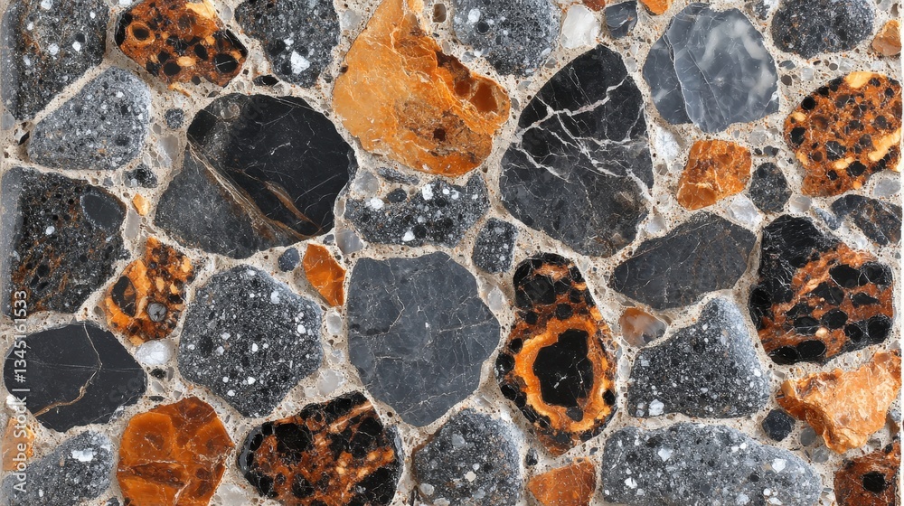 Fototapeta premium Stone mosaic art display indoor gallery decorative surface modern design close-up view textured patterns for unique interiors