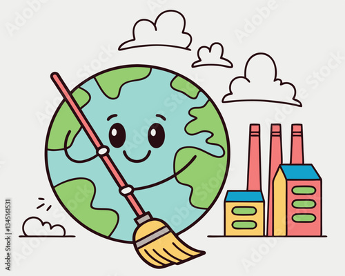 Cute Cartoon Earth Cleaning with Broom and City Buildings for Earth Day Environmental Awareness
