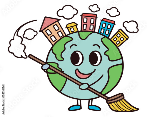 Cute Cartoon Earth Cleaning with Broom and City Buildings for Earth Day Environmental Awareness