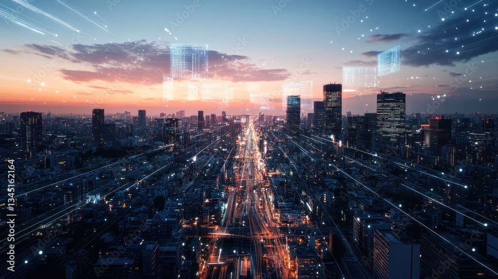 Fototapeta premium Cityscape at twilight with digital overlay. Aerial view of Tokyo's modern cityscape. Possible use Stock photo for technology, future, urban, city concepts