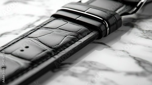 Close-up of black leather watch strap on marble.