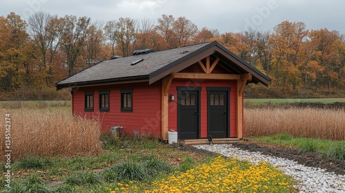 Quaint red outbuilding nestled in a vibrant fall landscape surrounded by nature
