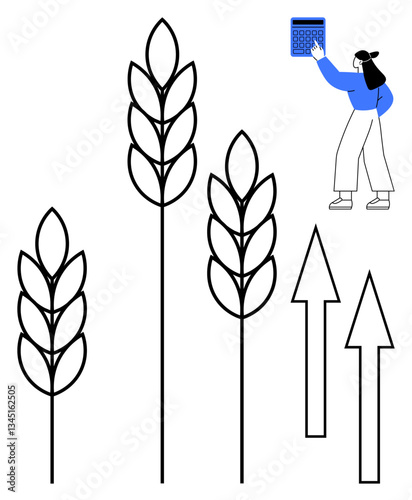 Woman with calculator standing next to wheat stalks and upward arrows, symbolizing agriculture growth, economic analysis, productivity, agribusiness, sustainability, growth planning, flat simple