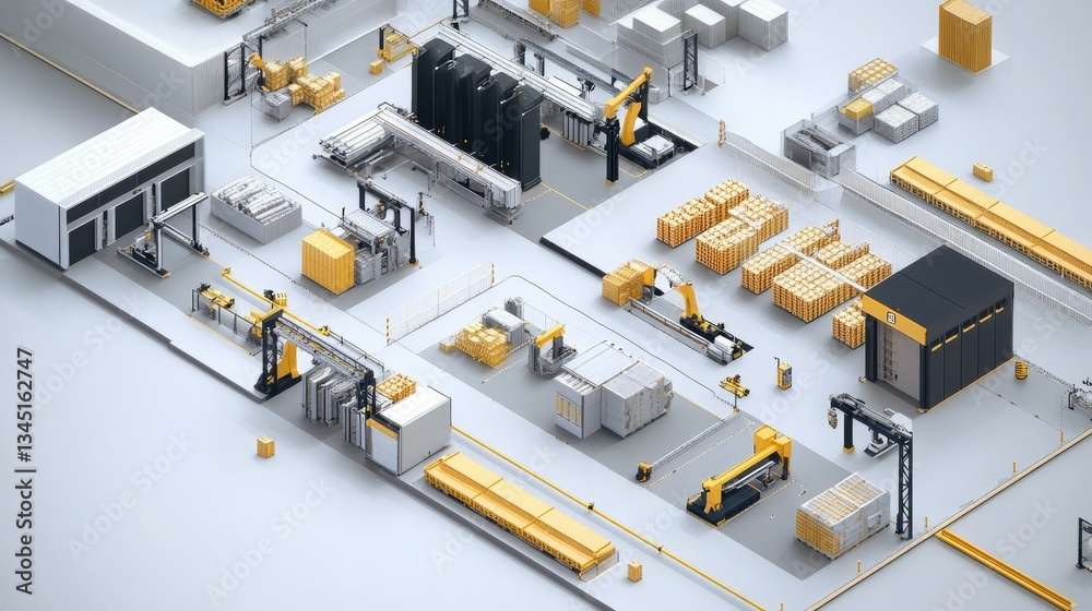 A sophisticated industrial facility with advanced automation, inventory management, and robotic handling systems A sophisticated industrial facility with advanced automation, inventory management, and robotic handling systems