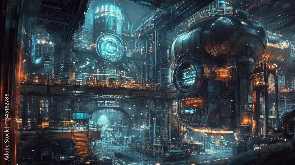 A sophisticated industrial facility with advanced automation, inventory management, and robotic handling systems A sophisticated industrial facility with advanced automation, inventory management, and robotic handling systems