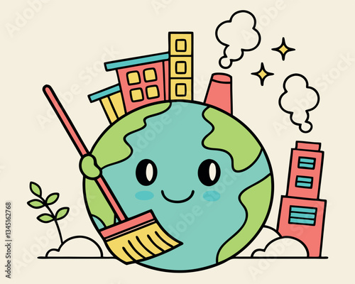 Cute Cartoon Earth Cleaning with Broom and City Buildings for Earth Day Environmental Awareness