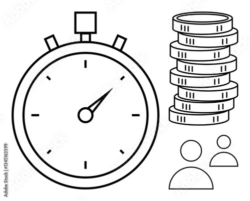 Stopwatch with detailed markings, stacked coins, and simplistic human outlines. Ideal for themes thumbs up productivity, efficiency, time tracking, resource allocation, cost management, business