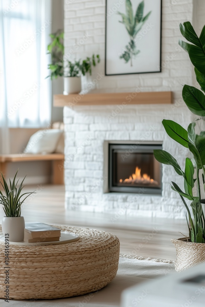 Naklejka premium Stylish living room interior with an electric fireplace, modern interior design and house plants.