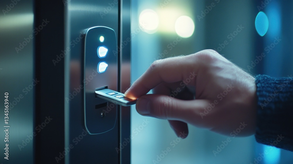 Naklejka premium Hand Inserting Keycard into Electronic Lock for Access Control in Modern Security System