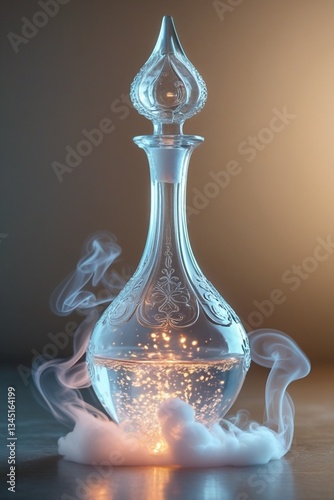 A transparent bottle with intricate etchings and shimmering liquid filled with ethereal smoke evokes mystique and enchantment, complemented by warm, soft lighting.
