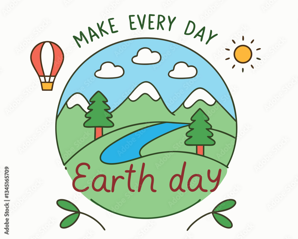Fototapeta premium Make Every Day Earth Day: A Cute Circular Illustration of Nature with Mountains, Trees, Bunny, and Hot Air Balloon