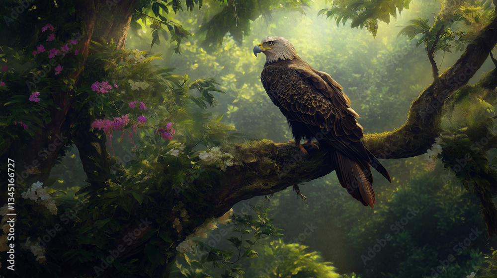 Fototapeta premium A majestic eagle perched on the branch of an ancient tree, surrounded by lush green foliage