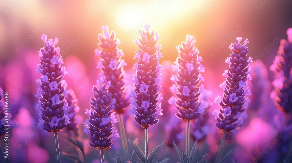 Obraz premium Lavender field glows in warm light, purple blossoms in focus, vibrant background