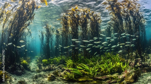 Fototapeta Naklejka Na Ścianę i Meble -  Underwater Scene of Kelp Forest with Fish Swimming Among Marine Plants and Sunlight Filtering Through Water Surface