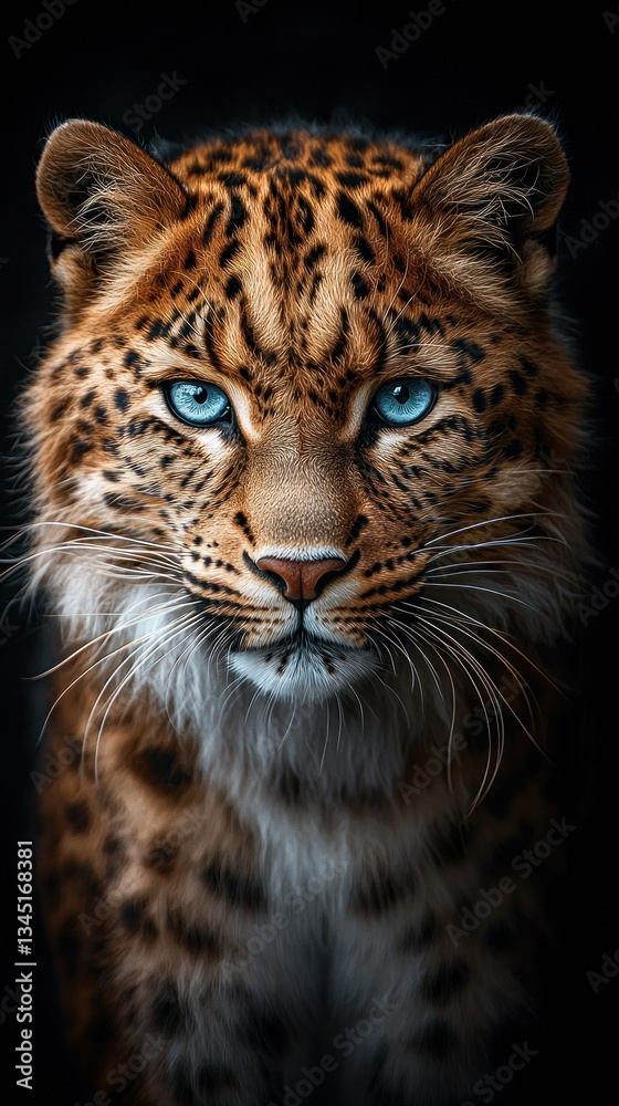 Naklejka premium Leopard portrait; intense gaze, spots, furry texture, striking blue eyes