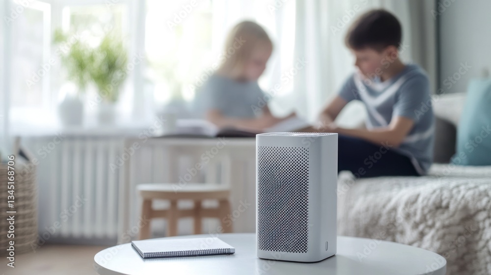 Modern Air Purifier in a Cozy Living Room with Children Reading in the Background Modern Air Purifier in a Cozy Living Room with Children Reading in the Background