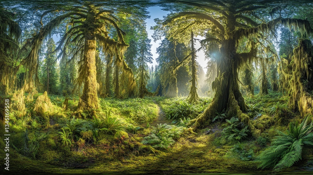 Naklejka premium Lush Green Forest with Sunlight Filtering Through Majestic Trees and Dense Underbrush in Nature's Serenity